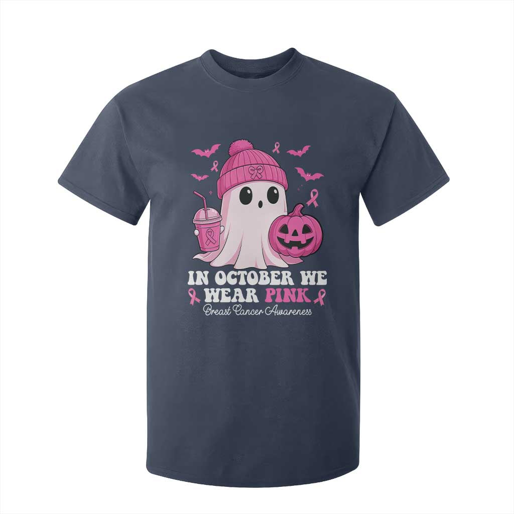 In October We Wear Pink Ghost T Shirt For Kid Halloween Breast Cancer Pink Ribbon Pumpkin TS10 Navy Print Your Wear