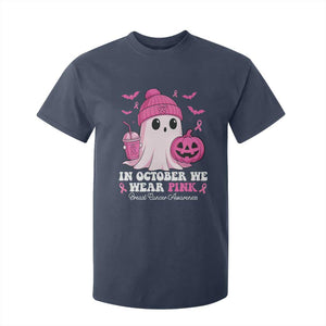 In October We Wear Pink Ghost T Shirt For Kid Halloween Breast Cancer Pink Ribbon Pumpkin TS10 Navy Print Your Wear