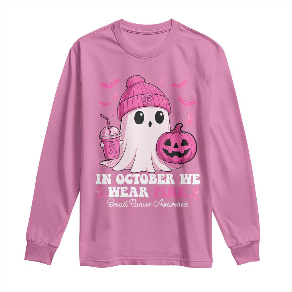 In October We Wear Pink Ghost Long Sleeve Shirt Halloween Breast Cancer Pink Ribbon Pumpkin TS10 Azalea Print Your Wear