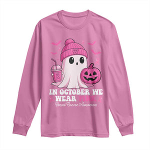 In October We Wear Pink Ghost Long Sleeve Shirt Halloween Breast Cancer Pink Ribbon Pumpkin TS10 Azalea Print Your Wear