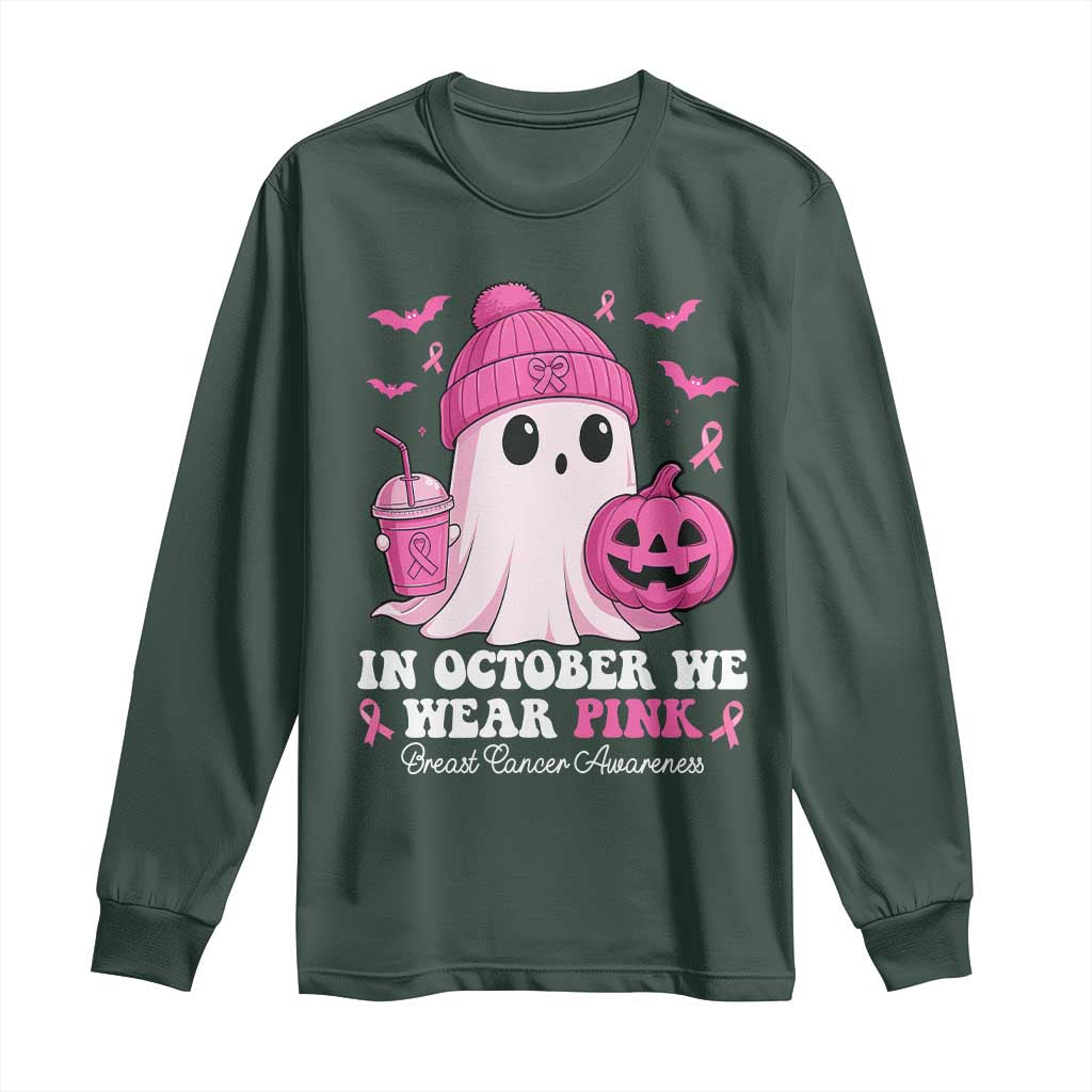 In October We Wear Pink Ghost Long Sleeve Shirt Halloween Breast Cancer Pink Ribbon Pumpkin TS10 Dark Forest Green Print Your Wear