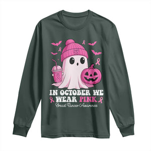 In October We Wear Pink Ghost Long Sleeve Shirt Halloween Breast Cancer Pink Ribbon Pumpkin TS10 Dark Forest Green Print Your Wear