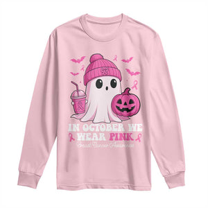 In October We Wear Pink Ghost Long Sleeve Shirt Halloween Breast Cancer Pink Ribbon Pumpkin TS10 Light Pink Print Your Wear