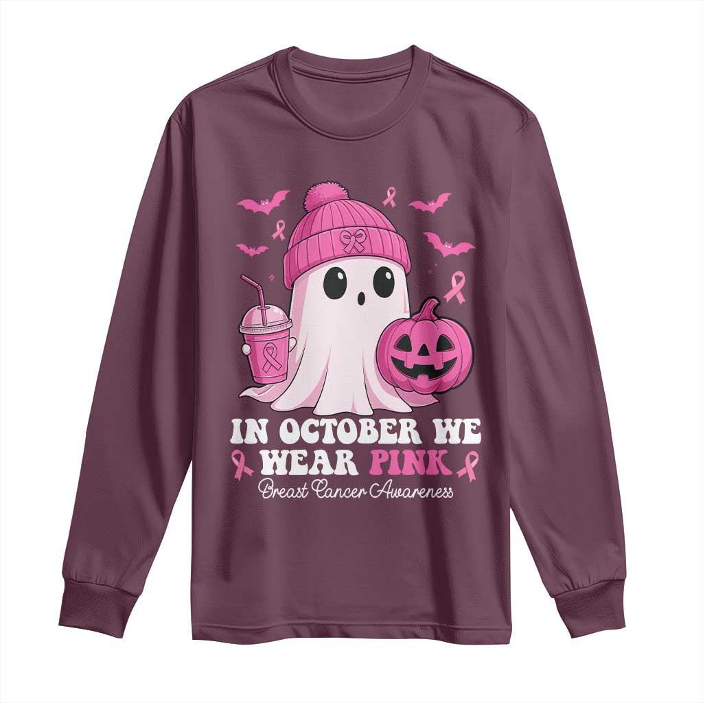 In October We Wear Pink Ghost Long Sleeve Shirt Halloween Breast Cancer Pink Ribbon Pumpkin TS10 Maroon Print Your Wear