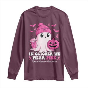 In October We Wear Pink Ghost Long Sleeve Shirt Halloween Breast Cancer Pink Ribbon Pumpkin TS10 Maroon Print Your Wear
