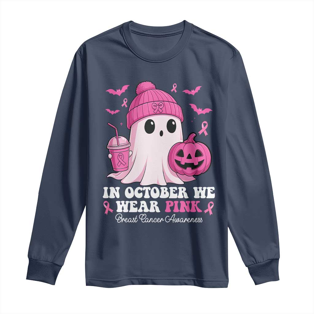 In October We Wear Pink Ghost Long Sleeve Shirt Halloween Breast Cancer Pink Ribbon Pumpkin TS10 Navy Print Your Wear
