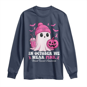 In October We Wear Pink Ghost Long Sleeve Shirt Halloween Breast Cancer Pink Ribbon Pumpkin TS10 Navy Print Your Wear