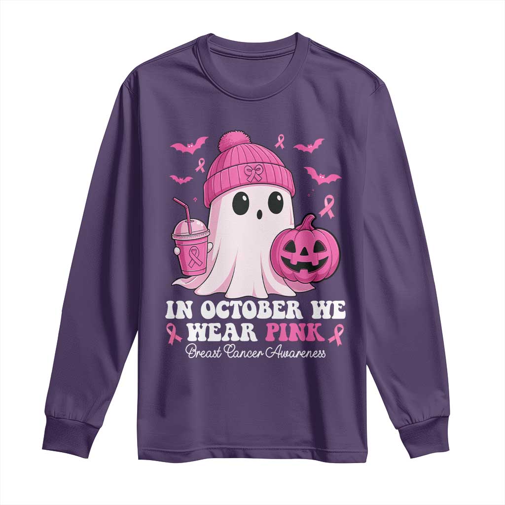In October We Wear Pink Ghost Long Sleeve Shirt Halloween Breast Cancer Pink Ribbon Pumpkin TS10 Purple Print Your Wear