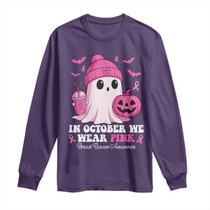 In October We Wear Pink Ghost Long Sleeve Shirt Halloween Breast Cancer Pink Ribbon Pumpkin TS10 Purple Print Your Wear