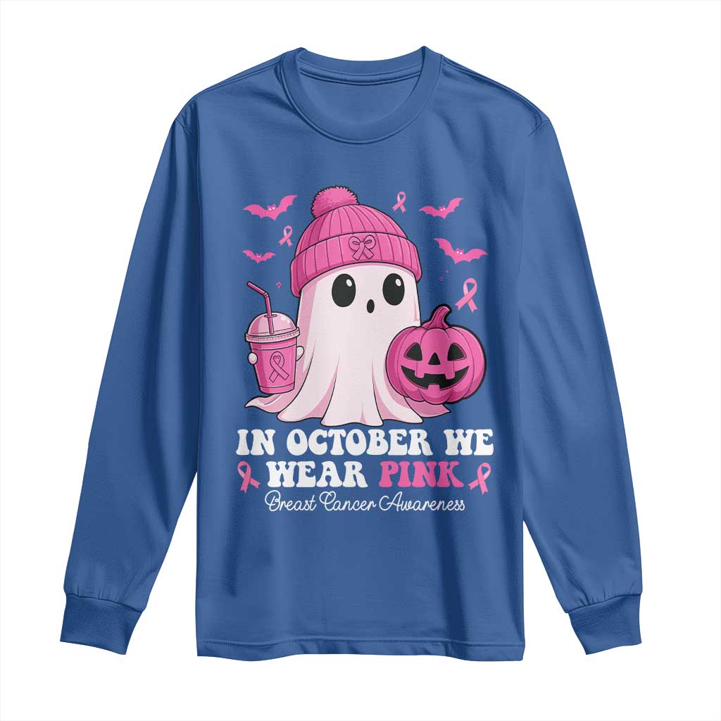 In October We Wear Pink Ghost Long Sleeve Shirt Halloween Breast Cancer Pink Ribbon Pumpkin TS10 Royal Blue Print Your Wear