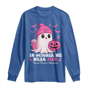 In October We Wear Pink Ghost Long Sleeve Shirt Halloween Breast Cancer Pink Ribbon Pumpkin TS10 Royal Blue Print Your Wear