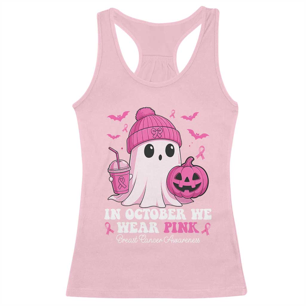 In October We Wear Pink Ghost Racerback Tank Top Halloween Breast Cancer Pink Ribbon Pumpkin TS10 Light Pink Print Your Wear