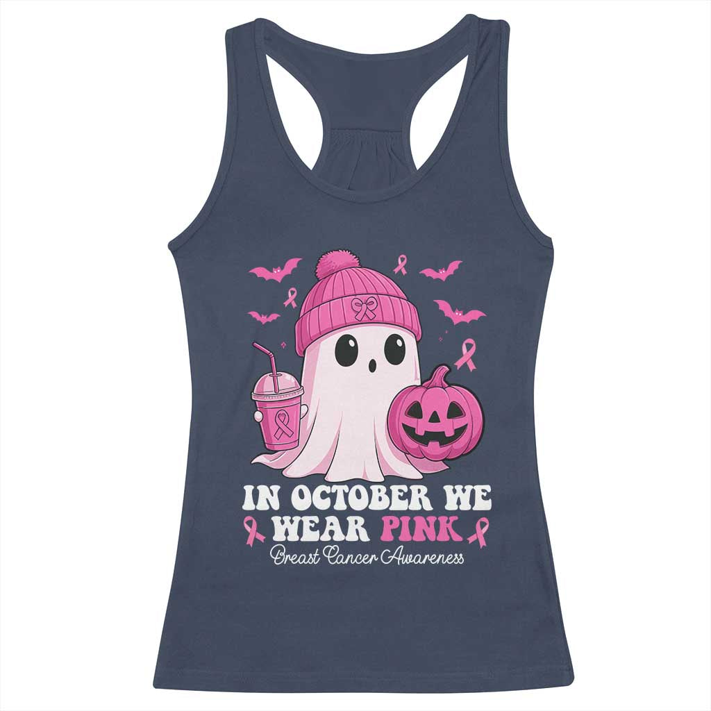 In October We Wear Pink Ghost Racerback Tank Top Halloween Breast Cancer Pink Ribbon Pumpkin TS10 Navy Print Your Wear