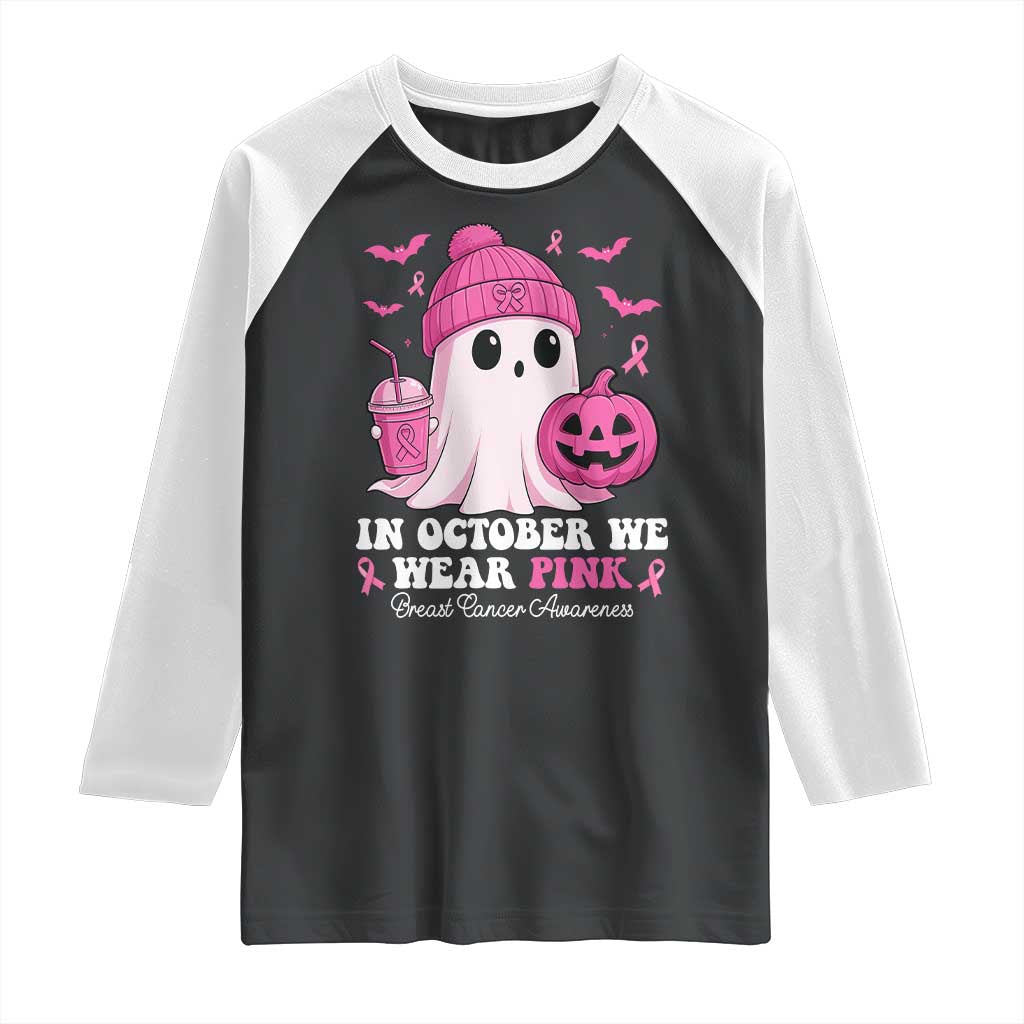 In October We Wear Pink Ghost Raglan Shirt Halloween Breast Cancer Pink Ribbon Pumpkin TS10 Black White Print Your Wear