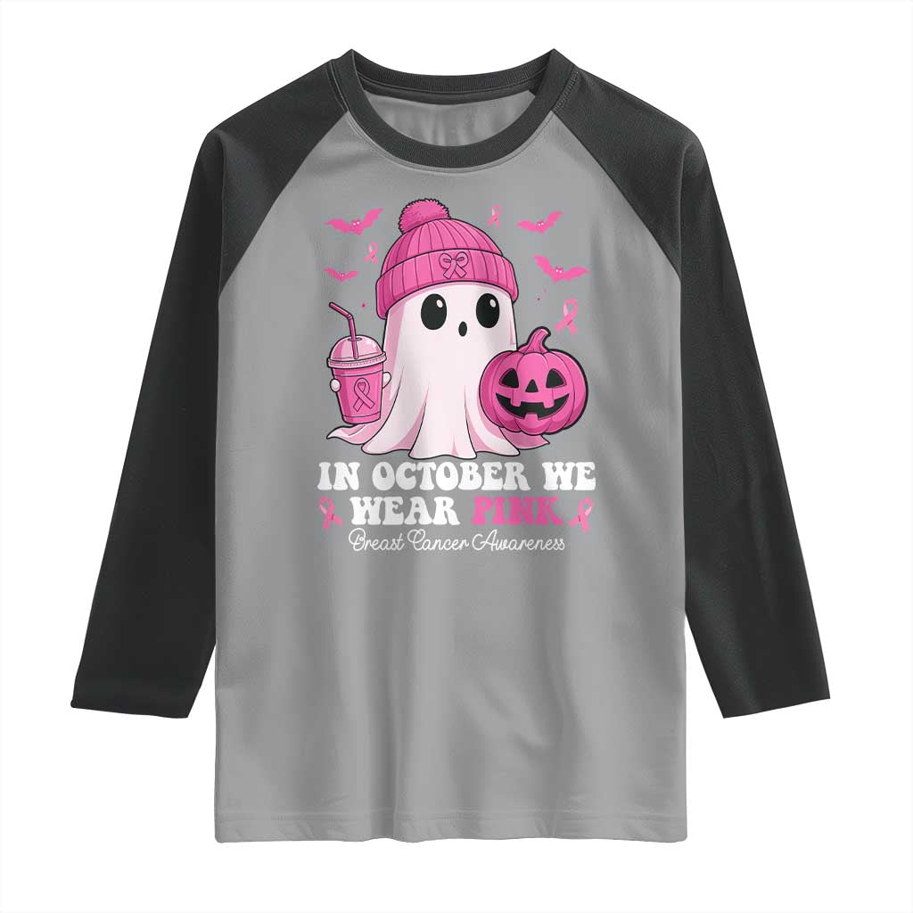 In October We Wear Pink Ghost Raglan Shirt Halloween Breast Cancer Pink Ribbon Pumpkin TS10 Sport Gray Black Print Your Wear