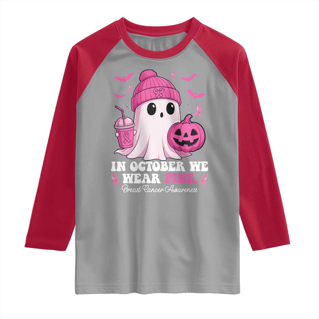 In October We Wear Pink Ghost Raglan Shirt Halloween Breast Cancer Pink Ribbon Pumpkin TS10 Sport Gray Red Print Your Wear