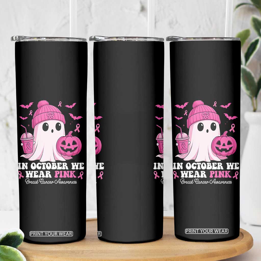 In October We Wear Pink Ghost Skinny Tumbler Halloween Breast Cancer Pink Ribbon Pumpkin TS10 Print Your Wear