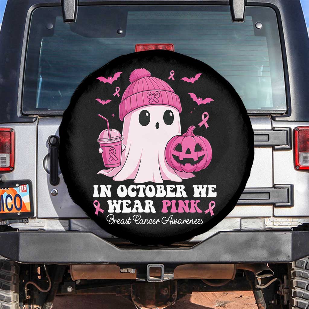 In October We Wear Pink Ghost Spare Tire Cover Halloween Breast Cancer Pink Ribbon Pumpkin TS10 No hole Black Print Your Wear