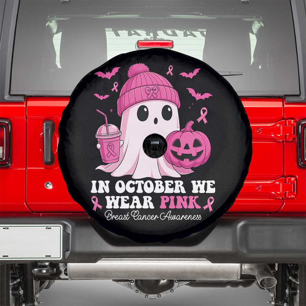 In October We Wear Pink Ghost Spare Tire Cover Halloween Breast Cancer Pink Ribbon Pumpkin TS10 Black Print Your Wear