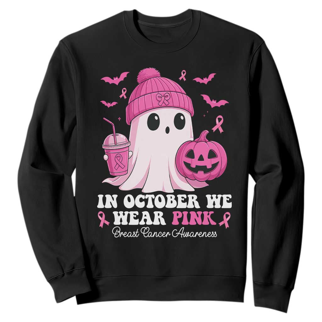 In October We Wear Pink Ghost Sweatshirt Halloween Breast Cancer Pink Ribbon Pumpkin TS10 Black Print Your Wear
