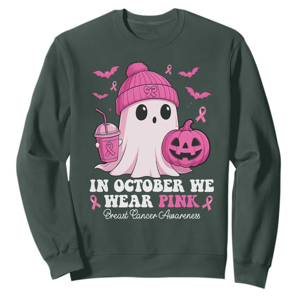 In October We Wear Pink Ghost Sweatshirt Halloween Breast Cancer Pink Ribbon Pumpkin TS10 Dark Forest Green Print Your Wear