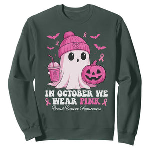 In October We Wear Pink Ghost Sweatshirt Halloween Breast Cancer Pink Ribbon Pumpkin TS10 Dark Forest Green Print Your Wear