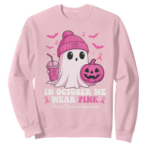 In October We Wear Pink Ghost Sweatshirt Halloween Breast Cancer Pink Ribbon Pumpkin TS10 Light Pink Print Your Wear