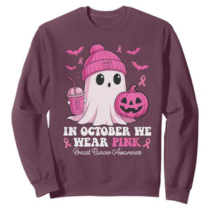 In October We Wear Pink Ghost Sweatshirt Halloween Breast Cancer Pink Ribbon Pumpkin TS10 Maroon Print Your Wear