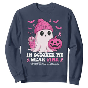 In October We Wear Pink Ghost Sweatshirt Halloween Breast Cancer Pink Ribbon Pumpkin TS10 Navy Print Your Wear