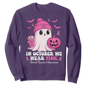 In October We Wear Pink Ghost Sweatshirt Halloween Breast Cancer Pink Ribbon Pumpkin TS10 Purple Print Your Wear
