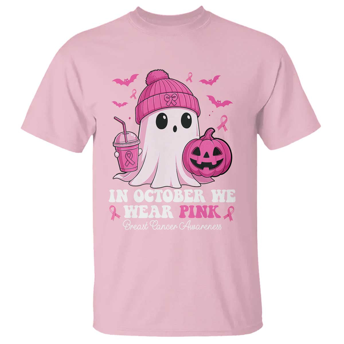 In October We Wear Pink Ghost T Shirt Halloween Breast Cancer Pink Ribbon Pumpkin TS10 Light Pink Print Your Wear