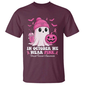 In October We Wear Pink Ghost T Shirt Halloween Breast Cancer Pink Ribbon Pumpkin TS10 Maroon Print Your Wear