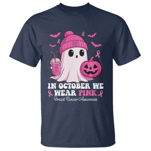 In October We Wear Pink Ghost T Shirt Halloween Breast Cancer Pink Ribbon Pumpkin TS10 Navy Print Your Wear