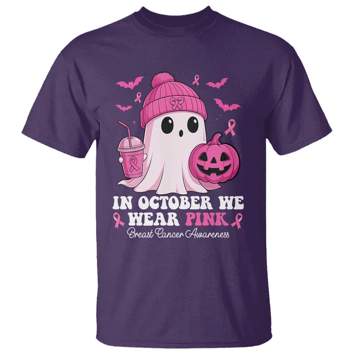 In October We Wear Pink Ghost T Shirt Halloween Breast Cancer Pink Ribbon Pumpkin TS10 Purple Print Your Wear