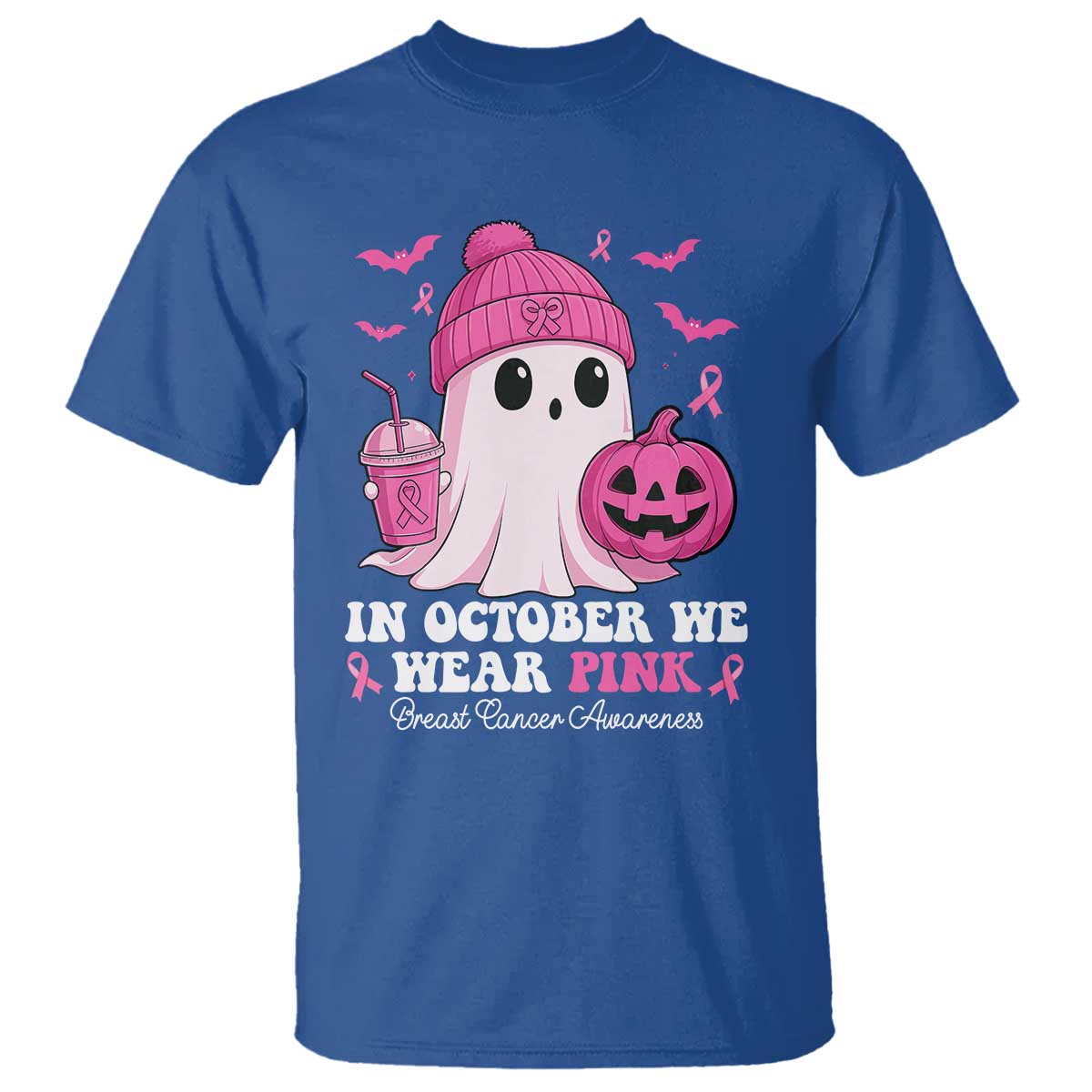 In October We Wear Pink Ghost T Shirt Halloween Breast Cancer Pink Ribbon Pumpkin TS10 Royal Blue Print Your Wear