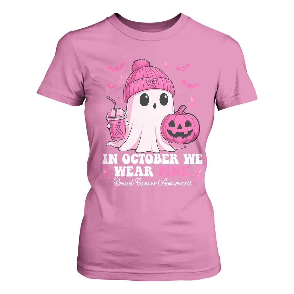 In October We Wear Pink Ghost T Shirt For Women Halloween Breast Cancer Pink Ribbon Pumpkin TS10 Azalea Print Your Wear