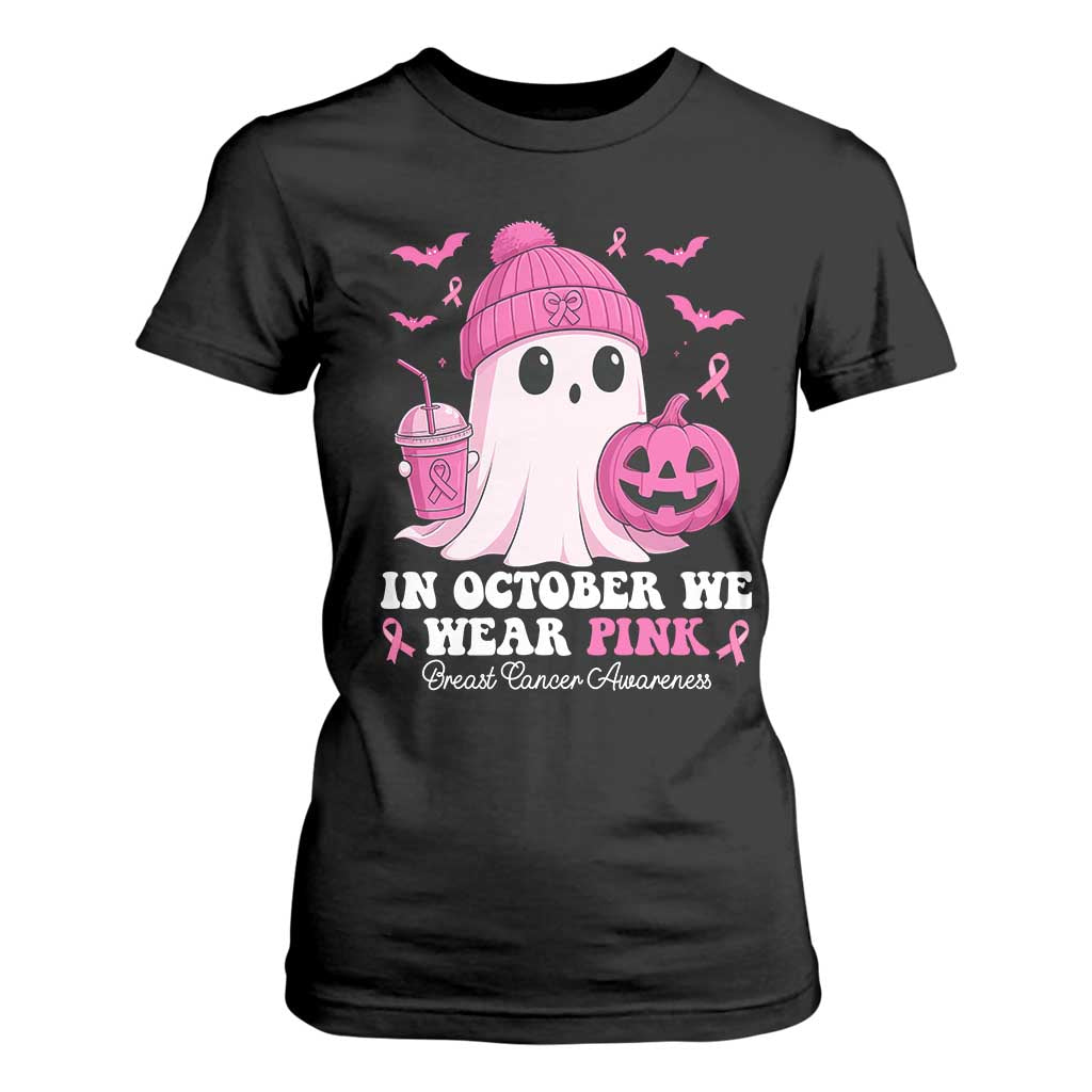 In October We Wear Pink Ghost T Shirt For Women Halloween Breast Cancer Pink Ribbon Pumpkin TS10 Black Print Your Wear