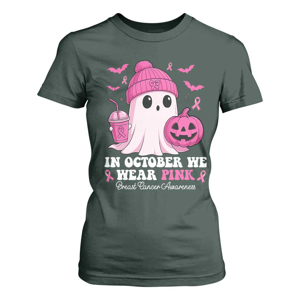 In October We Wear Pink Ghost T Shirt For Women Halloween Breast Cancer Pink Ribbon Pumpkin TS10 Dark Forest Green Print Your Wear