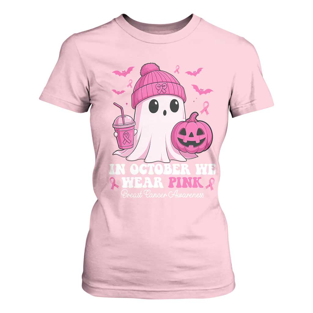 In October We Wear Pink Ghost T Shirt For Women Halloween Breast Cancer Pink Ribbon Pumpkin TS10 Light Pink Print Your Wear