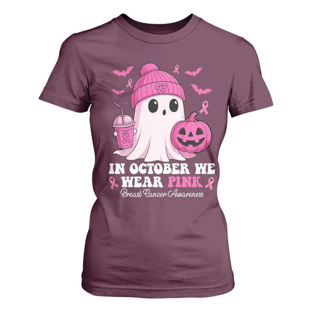 In October We Wear Pink Ghost T Shirt For Women Halloween Breast Cancer Pink Ribbon Pumpkin TS10 Maroon Print Your Wear