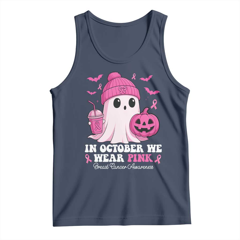 In October We Wear Pink Ghost Tank Top Halloween Breast Cancer Pink Ribbon Pumpkin TS10 Navy Print Your Wear