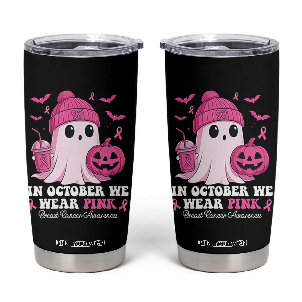 In October We Wear Pink Ghost Tumbler Cup Halloween Breast Cancer Pink Ribbon Pumpkin TS10 Black Print Your Wear