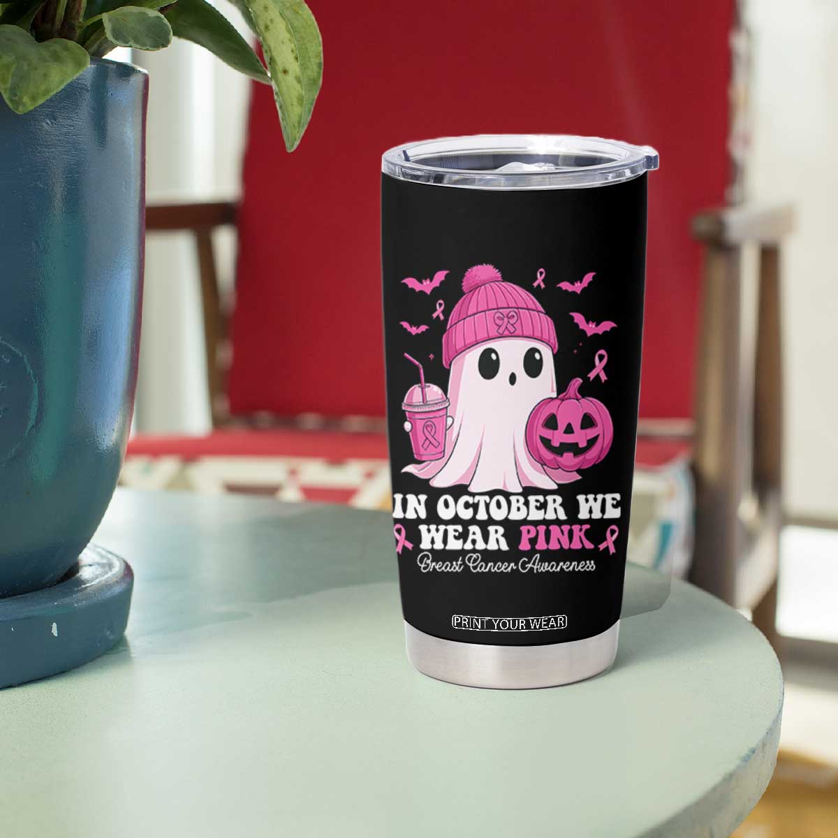 In October We Wear Pink Ghost Tumbler Cup Halloween Breast Cancer Pink Ribbon Pumpkin TS10 Print Your Wear