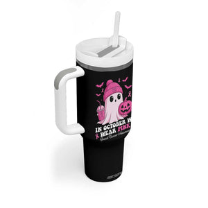 In October We Wear Pink Ghost Tumbler With Handle Halloween Breast Cancer Pink Ribbon Pumpkin TS10 Print Your Wear
