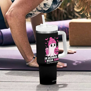 In October We Wear Pink Ghost Tumbler With Handle Halloween Breast Cancer Pink Ribbon Pumpkin TS10 Print Your Wear