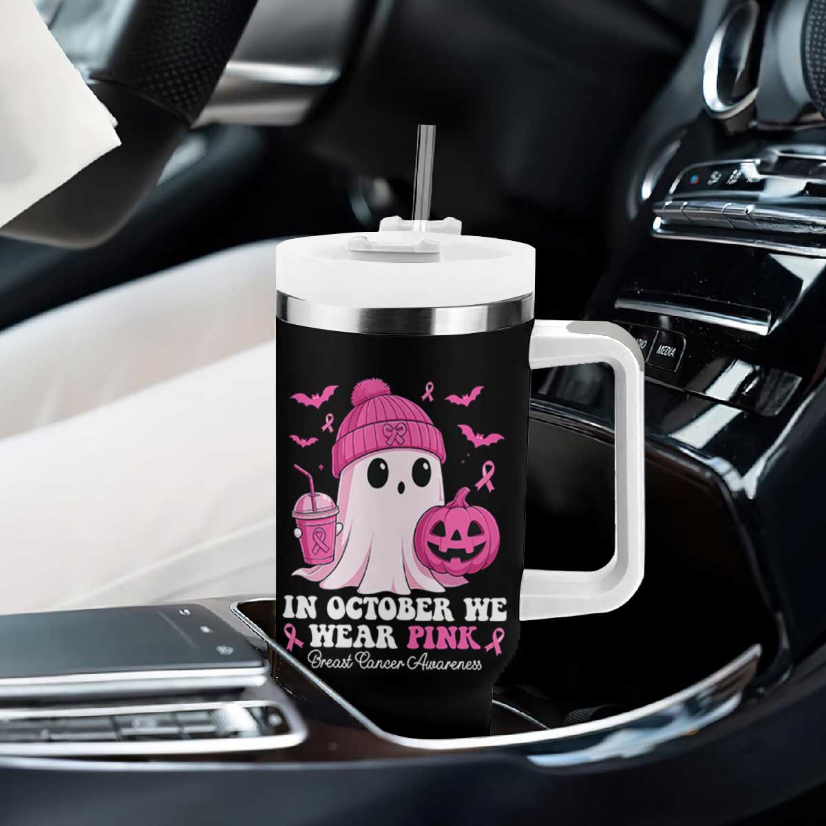 In October We Wear Pink Ghost Tumbler With Handle Halloween Breast Cancer Pink Ribbon Pumpkin TS10 Print Your Wear