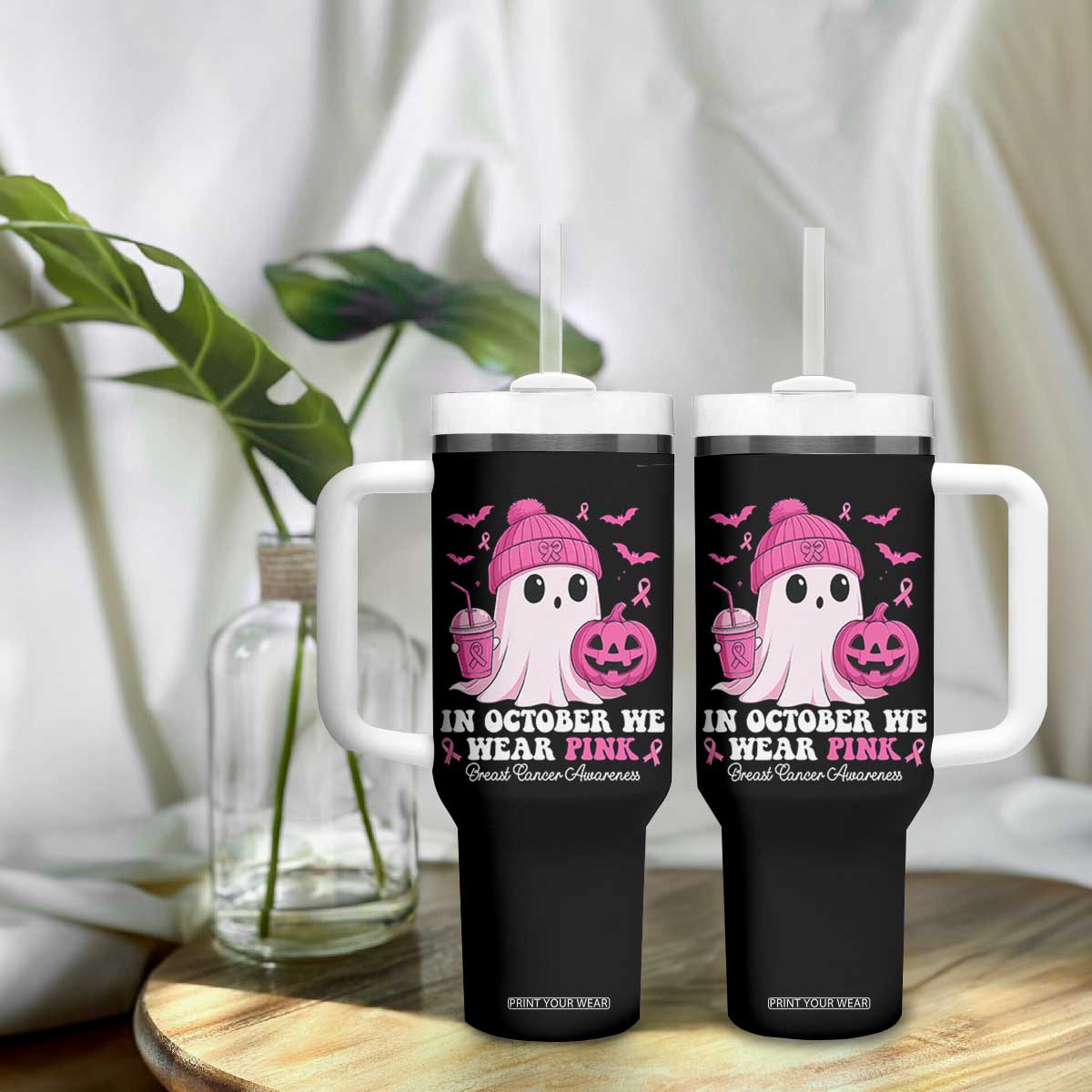 In October We Wear Pink Ghost Tumbler With Handle Halloween Breast Cancer Pink Ribbon Pumpkin TS10 Print Your Wear