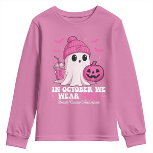 In October We Wear Pink Ghost Youth Sweatshirt Halloween Breast Cancer Pink Ribbon Pumpkin TS10 Azalea Print Your Wear