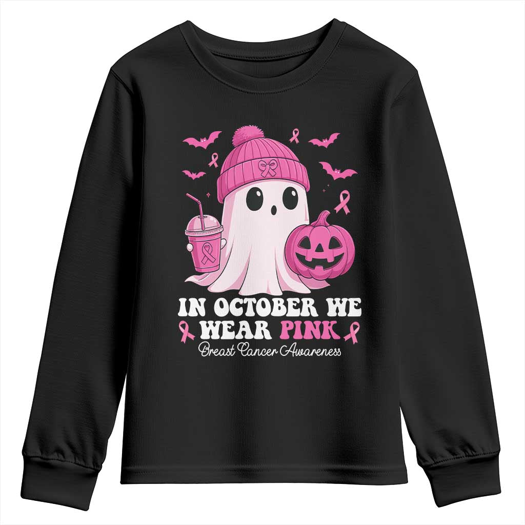In October We Wear Pink Ghost Youth Sweatshirt Halloween Breast Cancer Pink Ribbon Pumpkin TS10 Black Print Your Wear