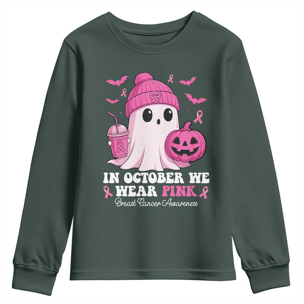 In October We Wear Pink Ghost Youth Sweatshirt Halloween Breast Cancer Pink Ribbon Pumpkin TS10 Dark Forest Green Print Your Wear